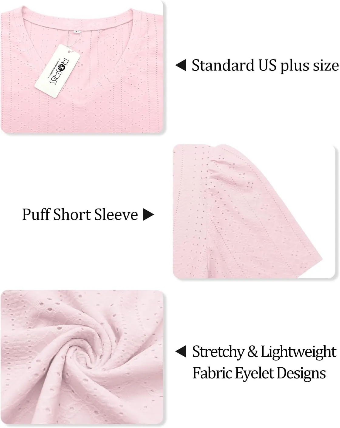 ROSRISS Womens Plus-Size Tops Summer Short Sleeve V Neck Eyelet Shirts