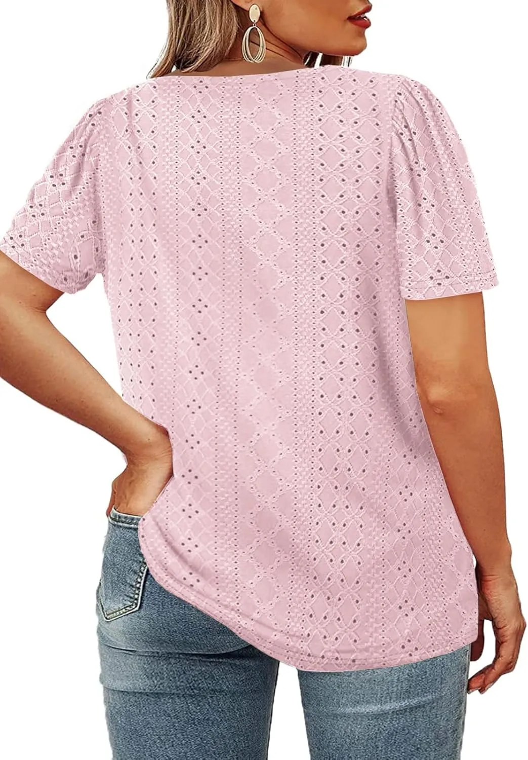 ROSRISS Womens Plus-Size Tops Summer Short Sleeve V Neck Eyelet Shirts