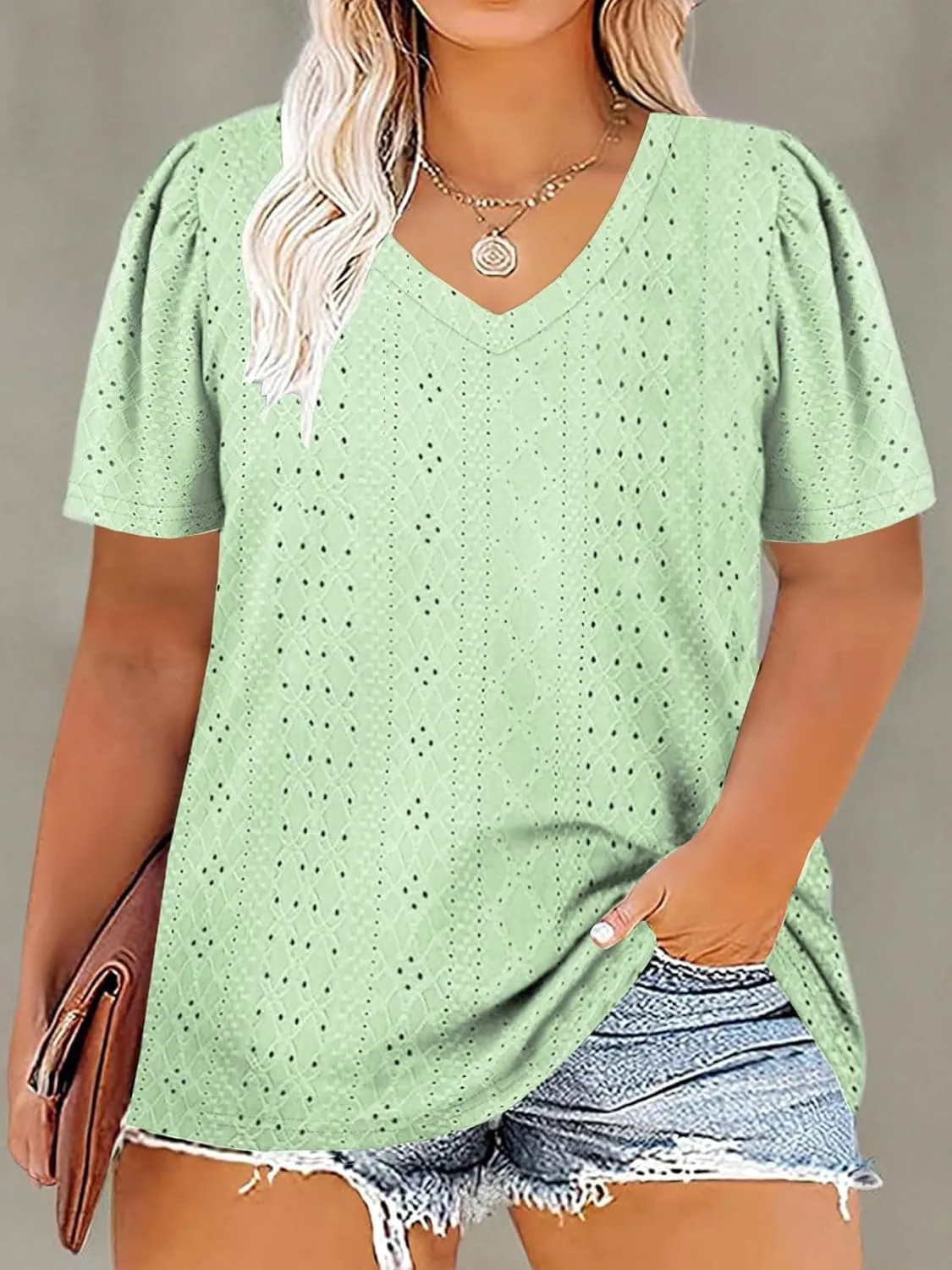 ROSRISS Womens Plus-Size Tops Summer Short Sleeve V Neck Eyelet Shirts