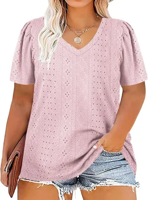 ROSRISS Womens Plus-Size Tops Summer Short Sleeve V Neck Eyelet Shirts