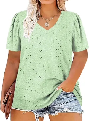 ROSRISS Womens Plus-Size Tops Summer Short Sleeve V Neck Eyelet Shirts