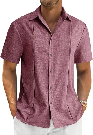 Runcati Mens Cuban Guayabera Shirts Button Down Casual Short Sleeve Shirt Linen Summer Beach Hippie Tops