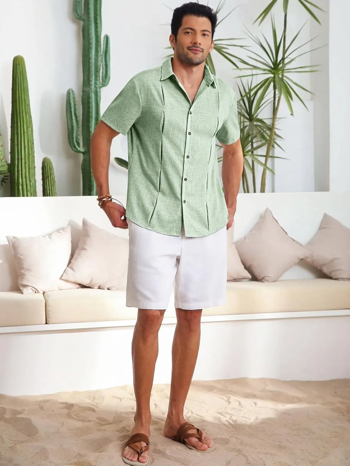 Runcati Mens Cuban Guayabera Shirts Button Down Casual Short Sleeve Shirt Linen Summer Beach Hippie Tops