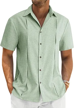 Runcati Mens Cuban Guayabera Shirts Button Down Casual Short Sleeve Shirt Linen Summer Beach Hippie Tops