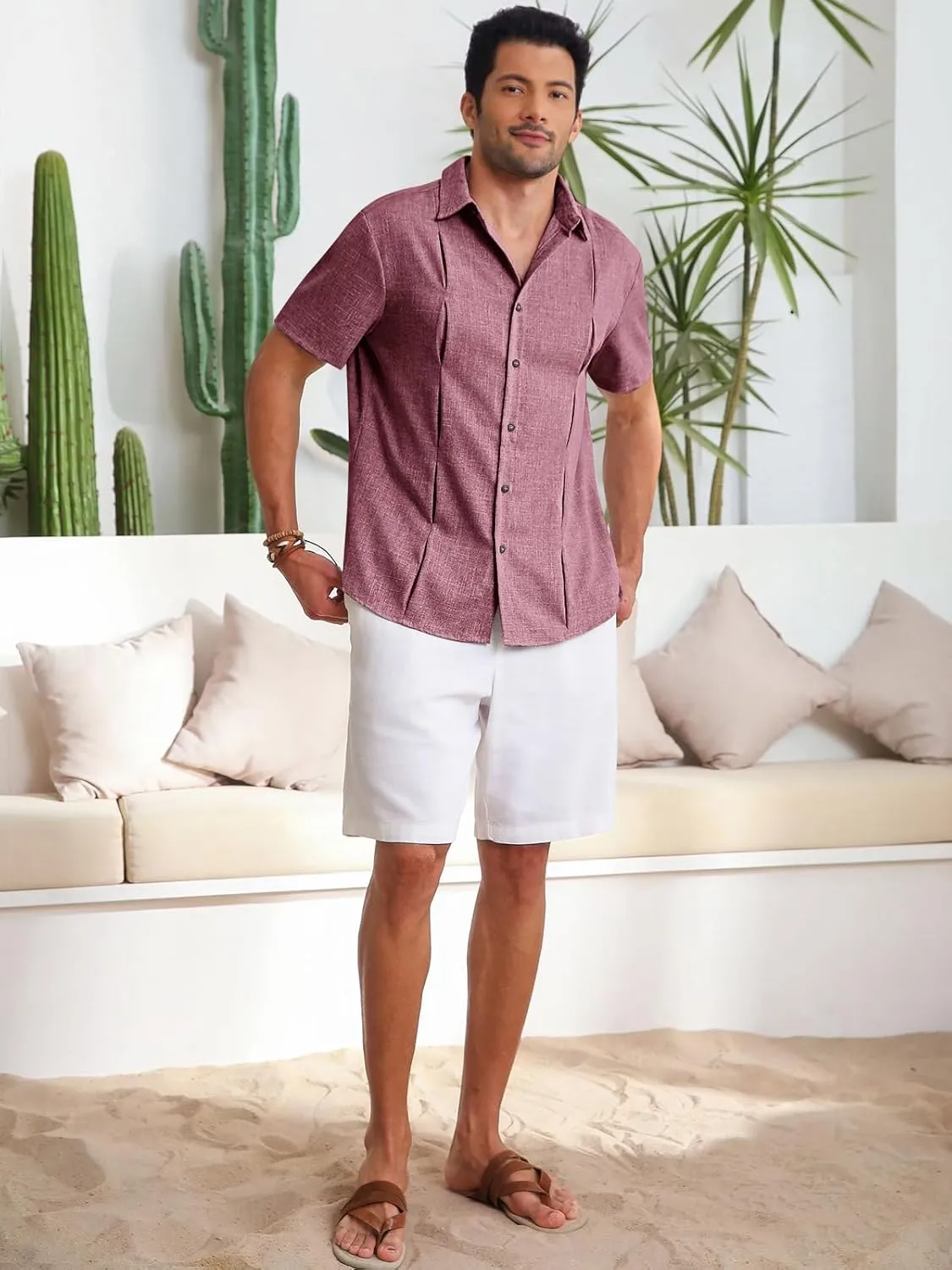 Runcati Mens Cuban Guayabera Shirts Button Down Casual Short Sleeve Shirt Linen Summer Beach Hippie Tops