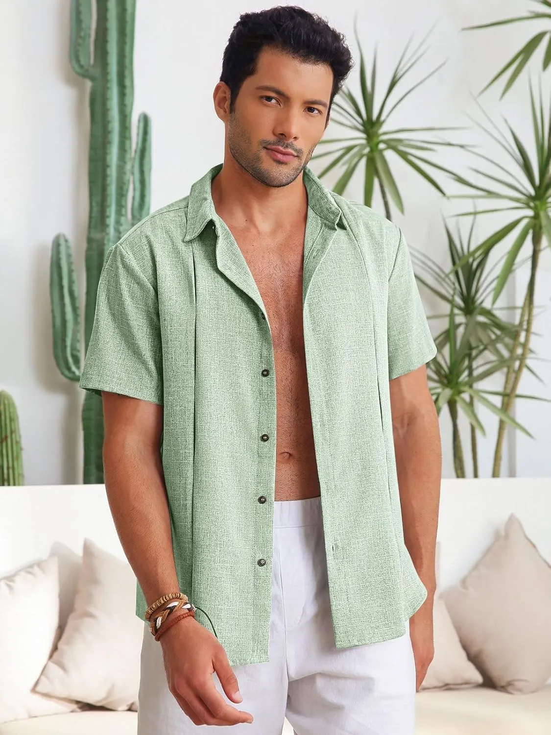 Runcati Mens Cuban Guayabera Shirts Button Down Casual Short Sleeve Shirt Linen Summer Beach Hippie Tops