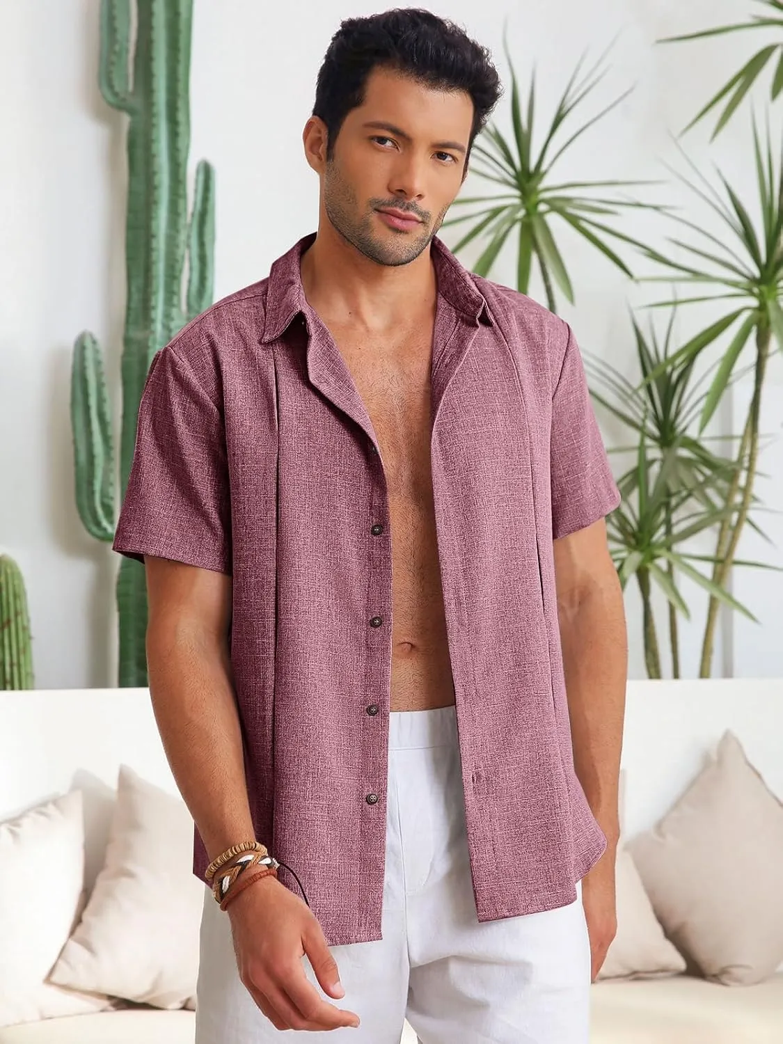 Runcati Mens Cuban Guayabera Shirts Button Down Casual Short Sleeve Shirt Linen Summer Beach Hippie Tops