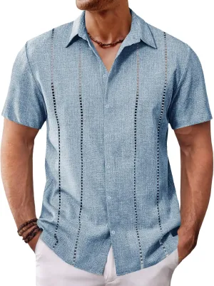 Runcati Mens Cuban Guayabera Shirts Short Sleeve Button Down Linen Shirt Mexican Casual Beach Summer Tops
