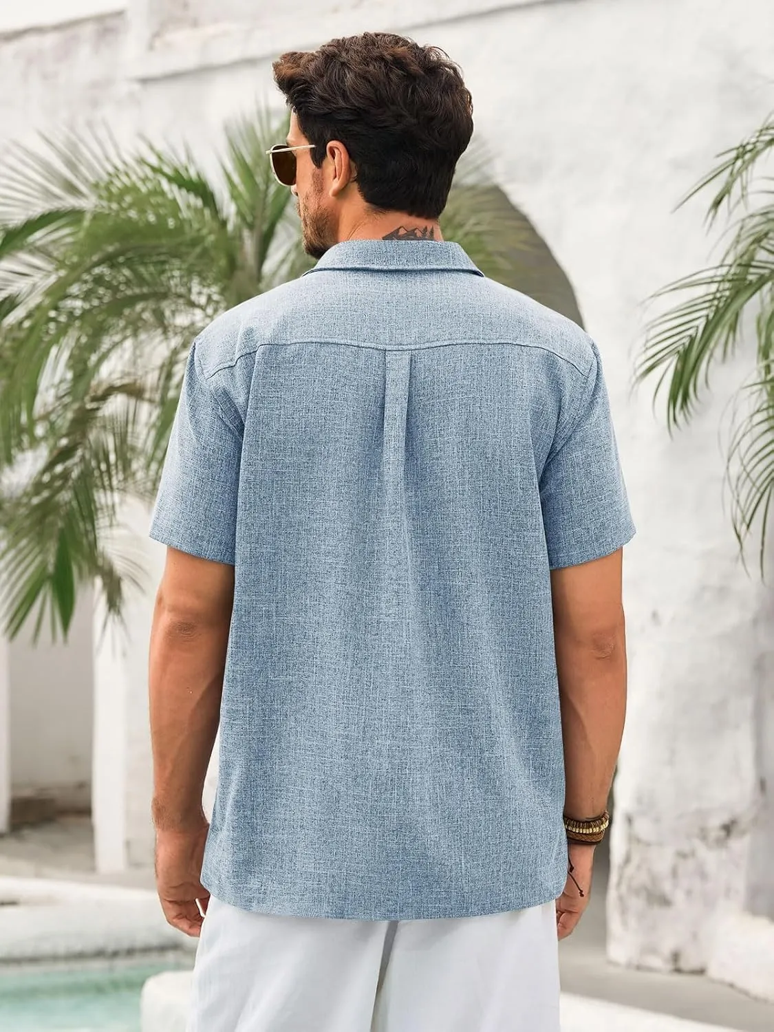 Runcati Mens Cuban Guayabera Shirts Short Sleeve Button Down Linen Shirt Mexican Casual Beach Summer Tops