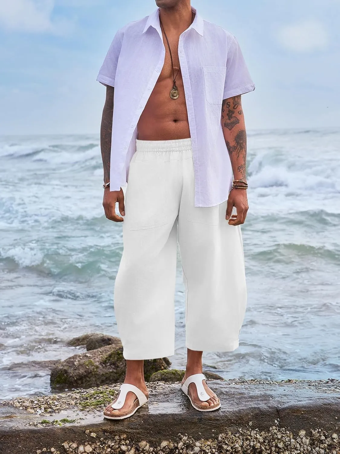 Runcati Mens Linen Capri Pants Elastic Waist Casual Lightweight Loose Fit Summer Beach Yoga Pants