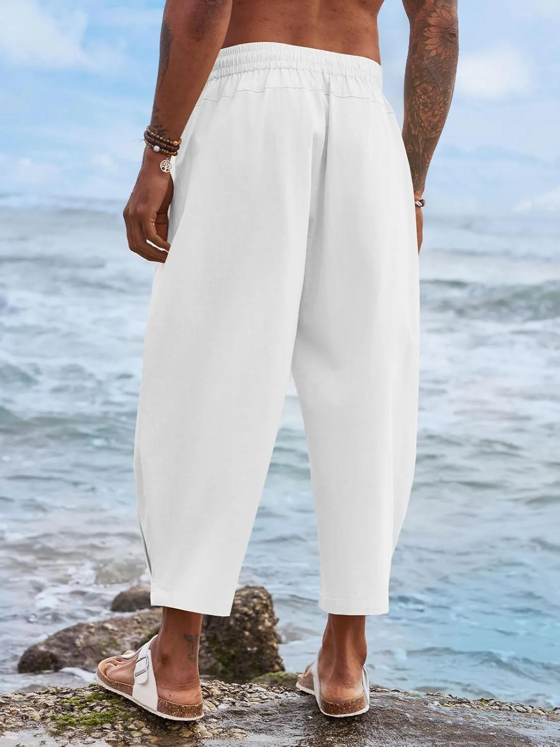 Runcati Mens Linen Capri Pants Elastic Waist Casual Lightweight Loose Fit Summer Beach Yoga Pants