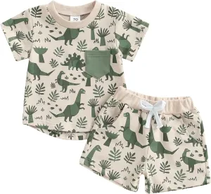 SHIBAOZI Toddler Infant Baby Boy Summer Dinosaur Outfit Newborn Kids Boys Short Sleeve T-shirt Spring Shorts Set
