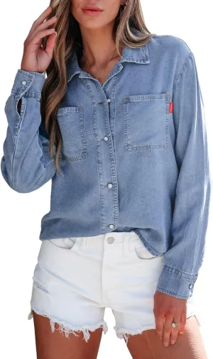 Sidefeel Women's Denim Shirts Button Down Jean Shacket Spring Outfit 2025 Long Sleeve Chambray Blouse Top