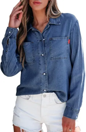 Sidefeel Women's Denim Shirts Button Down Jean Shacket Spring Outfit 2025 Long Sleeve Chambray Blouse Top