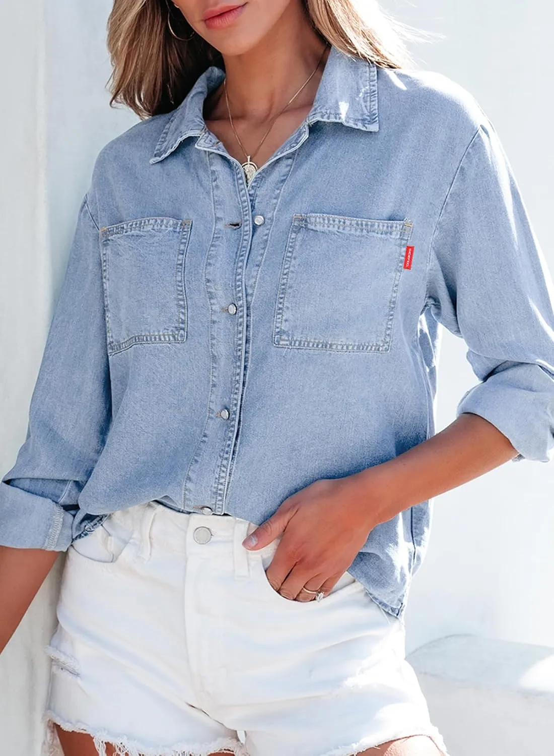 Sidefeel Women's Denim Shirts Button Down Jean Shacket Spring Outfit 2025 Long Sleeve Chambray Blouse Top