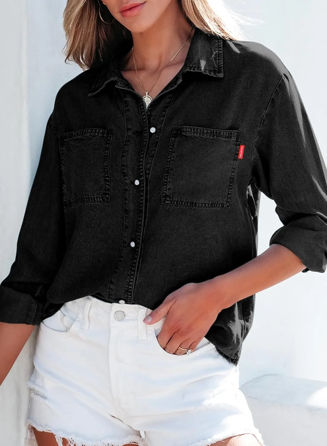 Sidefeel Women's Denim Shirts Button Down Jean Shacket Spring Outfit 2025 Long Sleeve Chambray Blouse Top