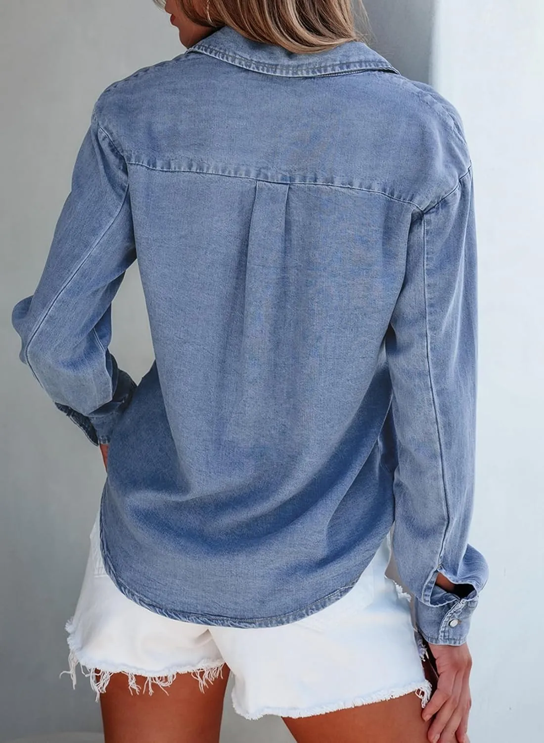 Sidefeel Women's Denim Shirts Button Down Jean Shacket Spring Outfit 2025 Long Sleeve Chambray Blouse Top