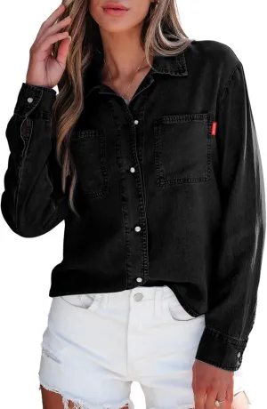 Sidefeel Women's Denim Shirts Button Down Jean Shacket Spring Outfit 2025 Long Sleeve Chambray Blouse Top