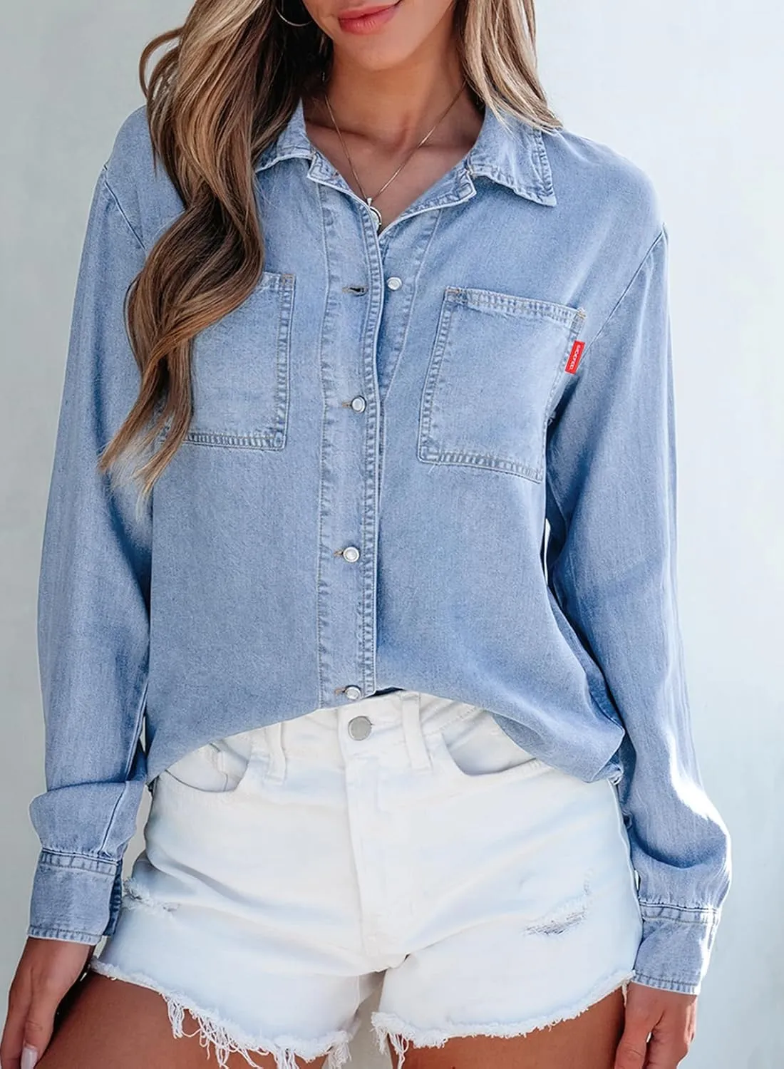 Sidefeel Women's Denim Shirts Button Down Jean Shacket Spring Outfit 2025 Long Sleeve Chambray Blouse Top