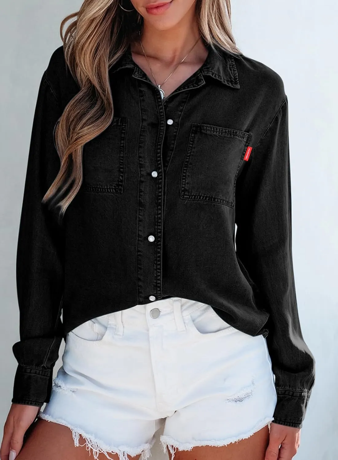 Sidefeel Women's Denim Shirts Button Down Jean Shacket Spring Outfit 2025 Long Sleeve Chambray Blouse Top