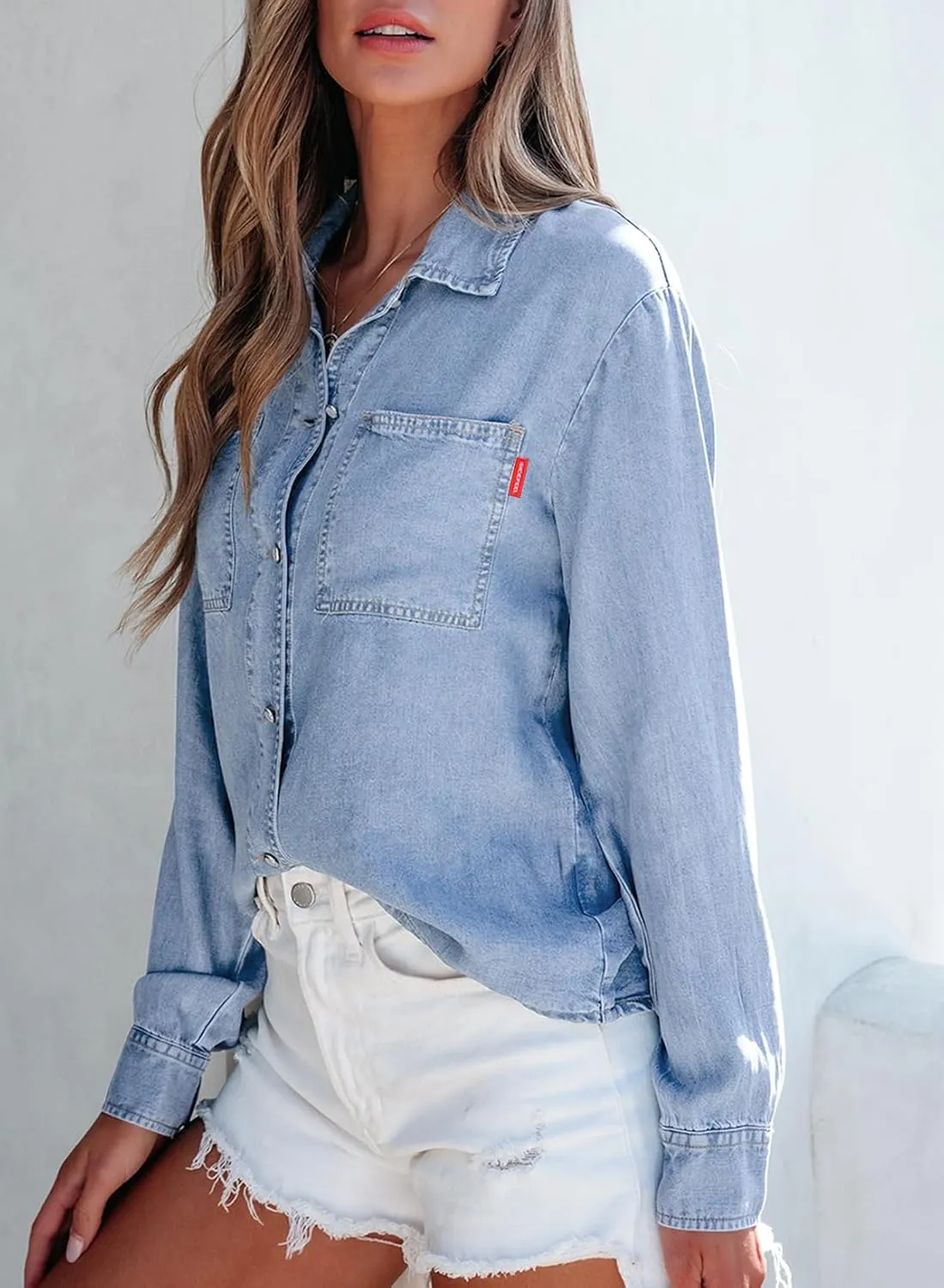 Sidefeel Women's Denim Shirts Button Down Jean Shacket Spring Outfit 2025 Long Sleeve Chambray Blouse Top