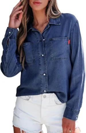 Sidefeel Women's Denim Shirts Button Down Jean Shacket Spring Outfit 2025 Long Sleeve Chambray Blouse Top