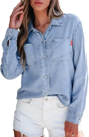 Sidefeel Women's Denim Shirts Button Down Jean Shacket Spring Outfit 2025 Long Sleeve Chambray Blouse Top