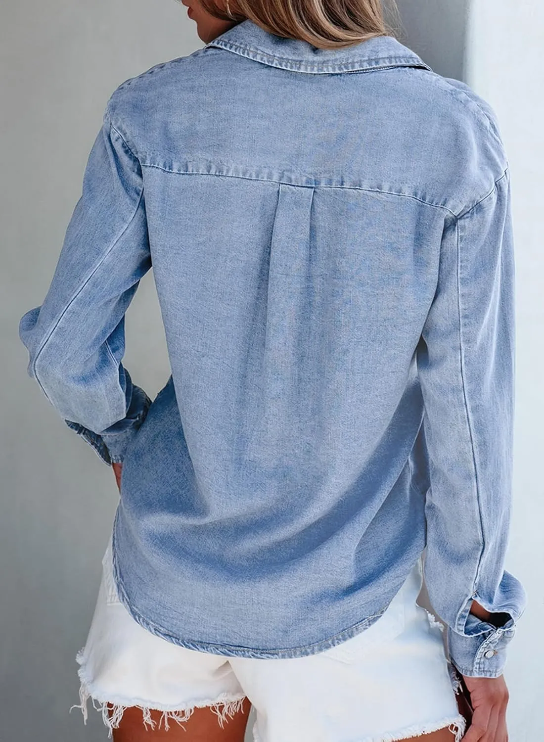 Sidefeel Women's Denim Shirts Button Down Jean Shacket Spring Outfit 2025 Long Sleeve Chambray Blouse Top