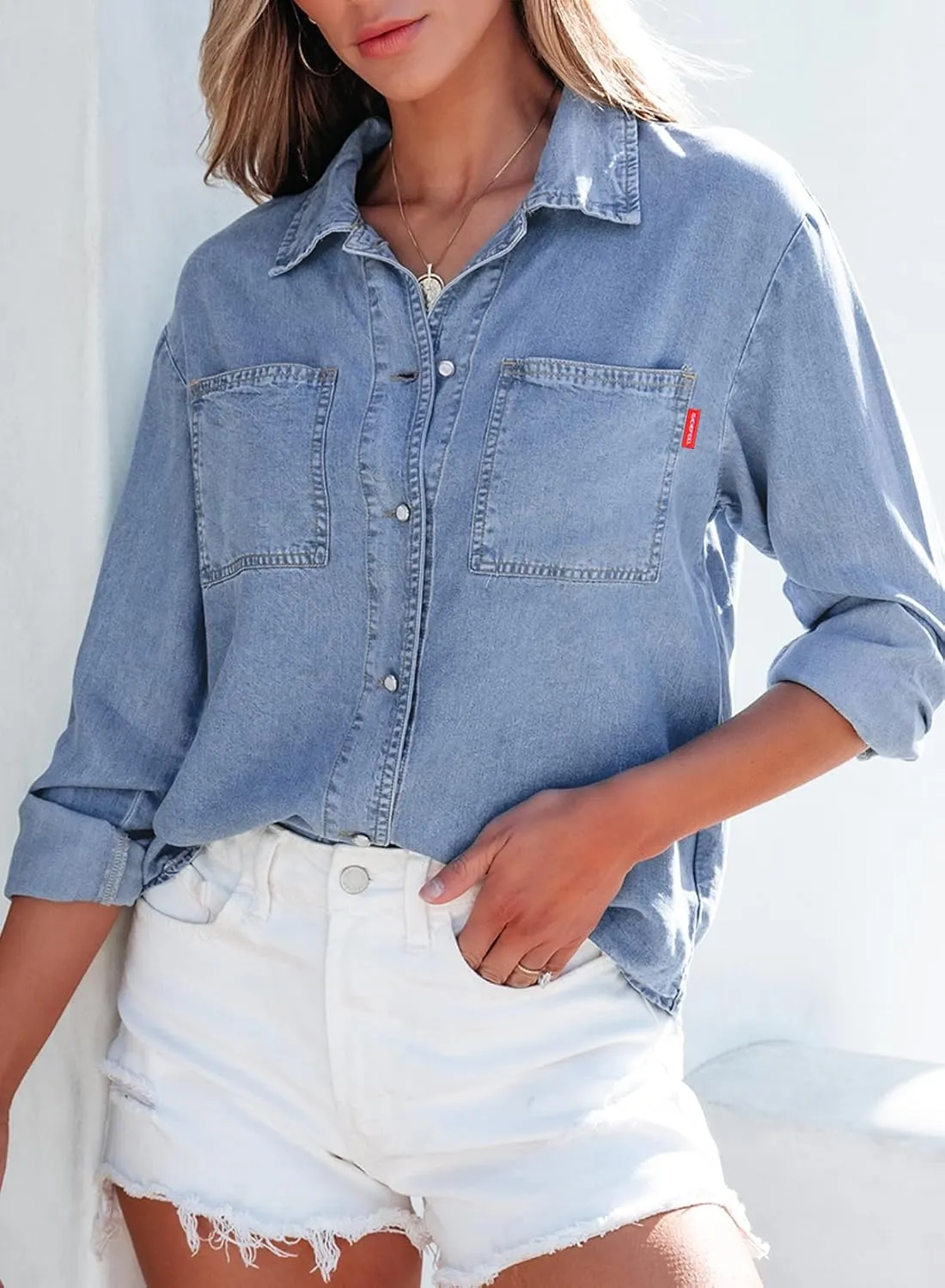 Sidefeel Women's Denim Shirts Button Down Jean Shacket Spring Outfit 2025 Long Sleeve Chambray Blouse Top