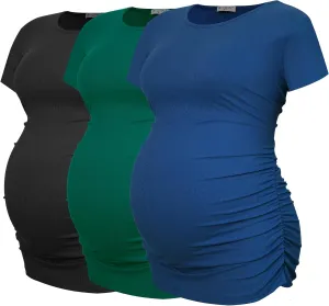 Smallshow Women's Maternity Shirts Ribbed Ruched Pregnancy Clothes Tops 3 Packs