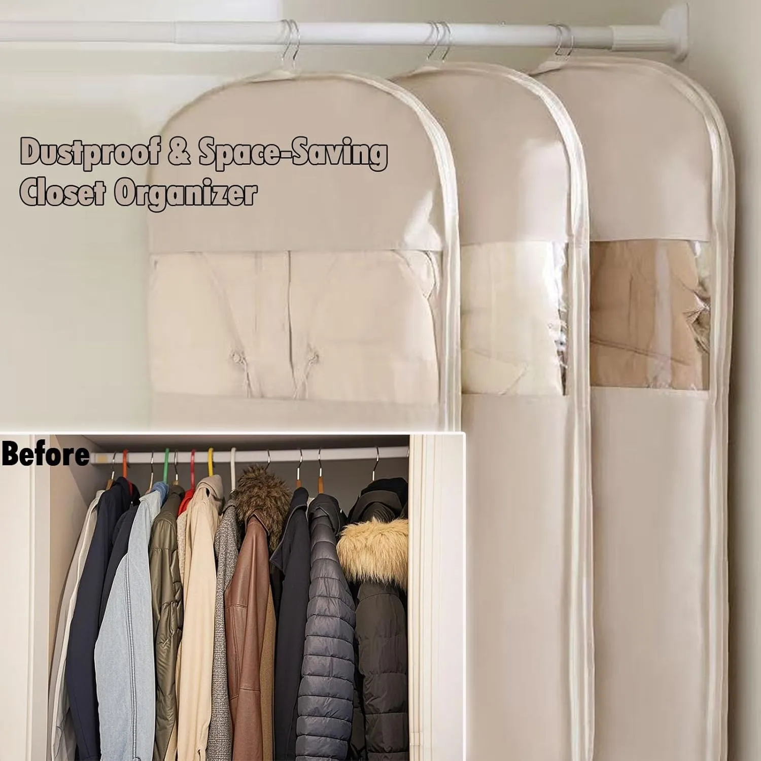Space Saving Hanging Garment Bag with Self Compression Zipper, Dust Cover Closet Organizer for Down Coats, Large Capacity Hanging Protector for Closet StoragePink, M