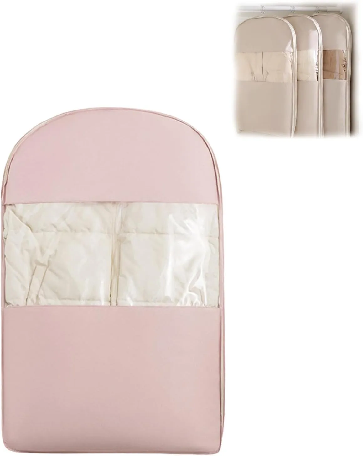 Space Saving Hanging Garment Bag with Self Compression Zipper, Dust Cover Closet Organizer for Down Coats, Large Capacity Hanging Protector for Closet StoragePink, M