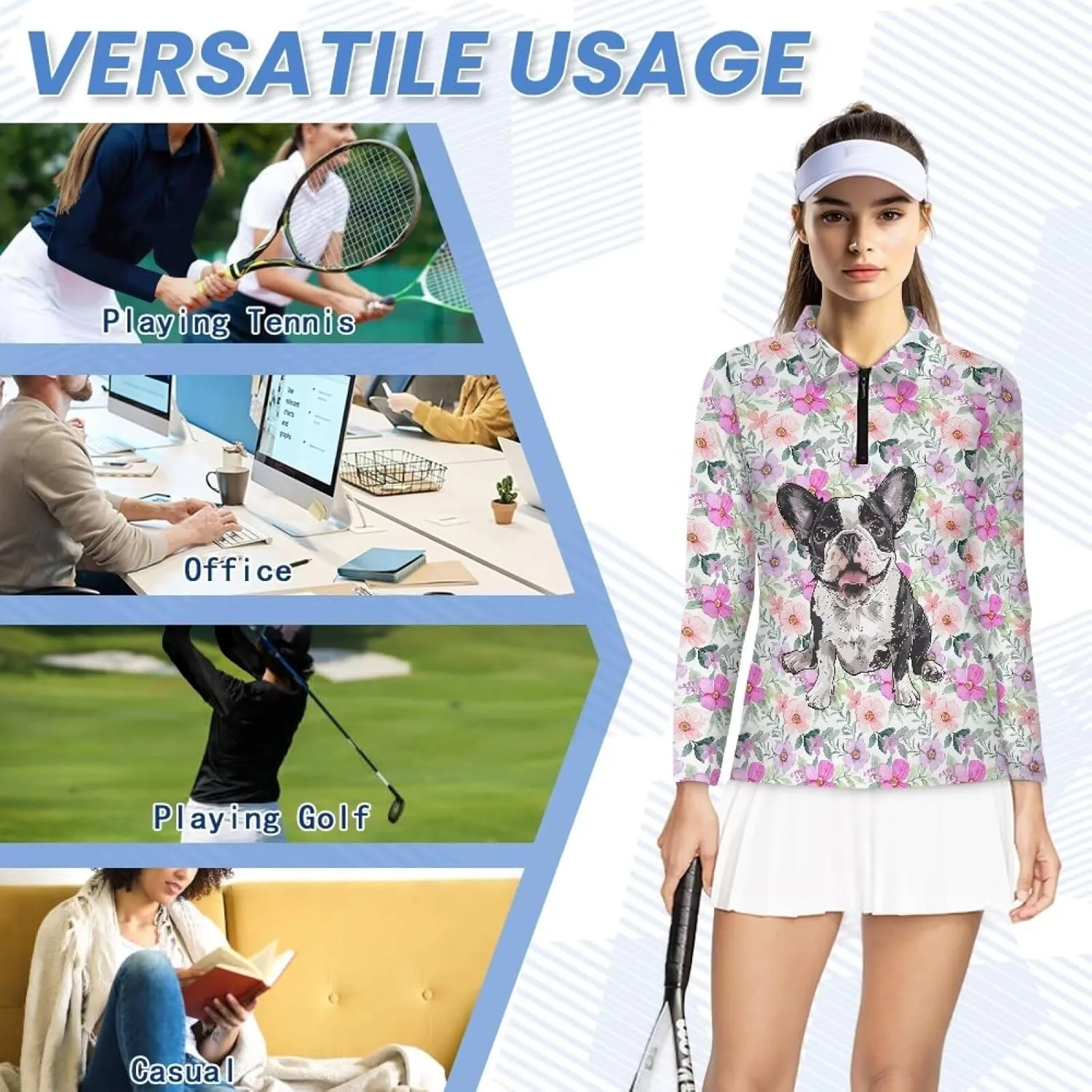 Suobstales Women's Long Sleeve Golf Polo Shirts Zip Up Pullover Workout Tops Athletic Tennis Shirt Plus Size XS-2XL