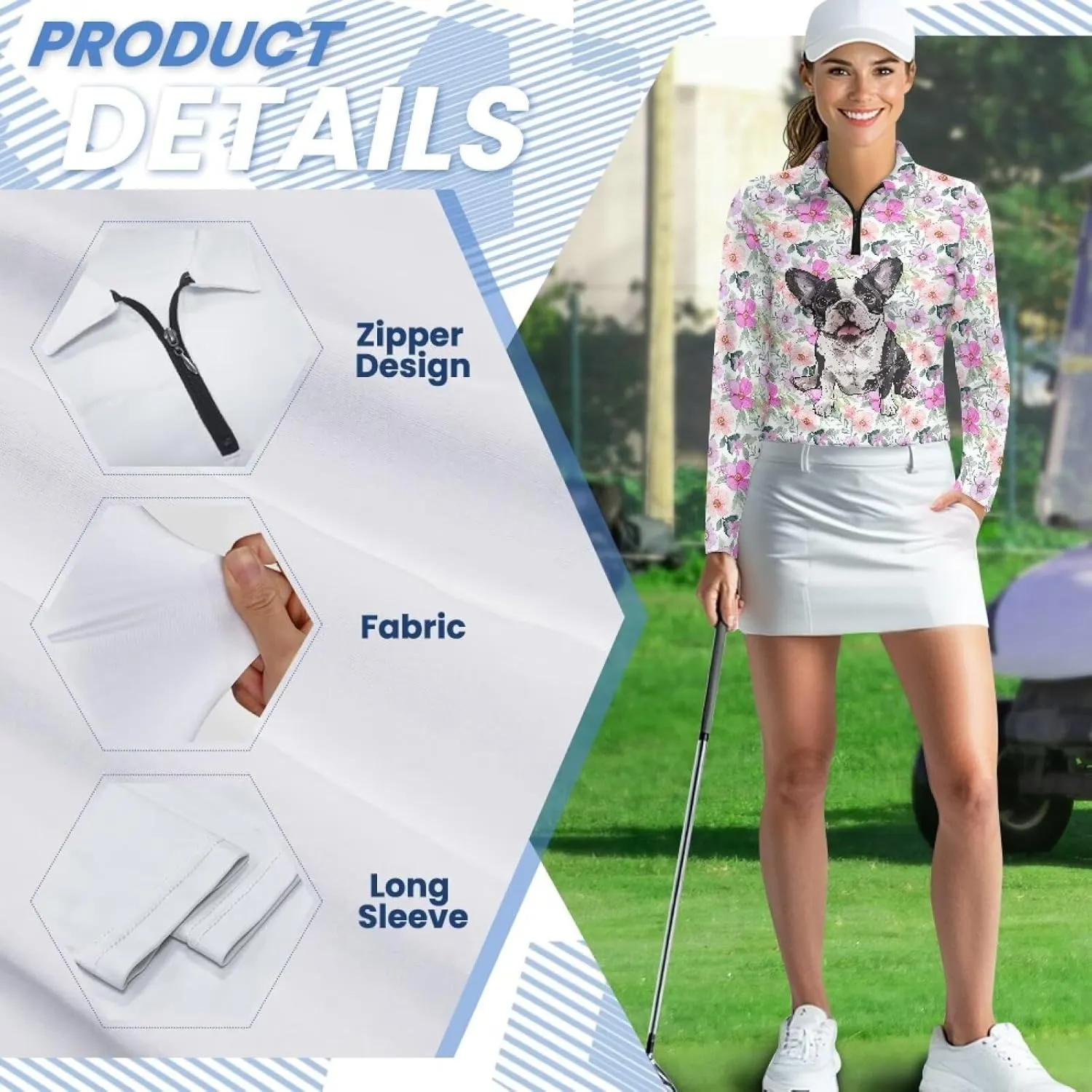 Suobstales Women's Long Sleeve Golf Polo Shirts Zip Up Pullover Workout Tops Athletic Tennis Shirt Plus Size XS-2XL