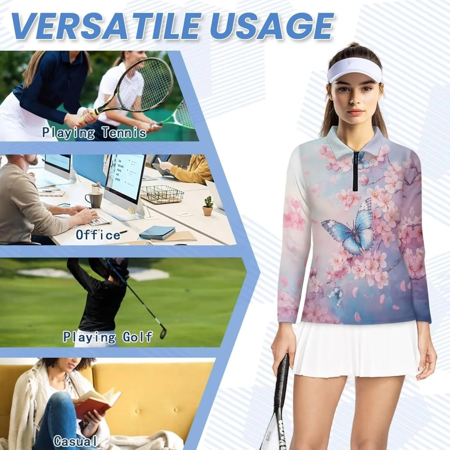 Suobstales Women's Long Sleeve Golf Polo Shirts Zip Up Pullover Workout Tops Athletic Tennis Shirt Plus Size XS-2XL