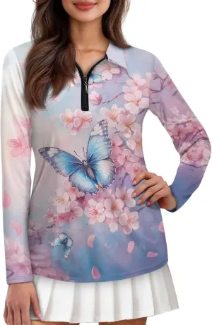 Suobstales Women's Long Sleeve Golf Polo Shirts Zip Up Pullover Workout Tops Athletic Tennis Shirt Plus Size XS-2XL
