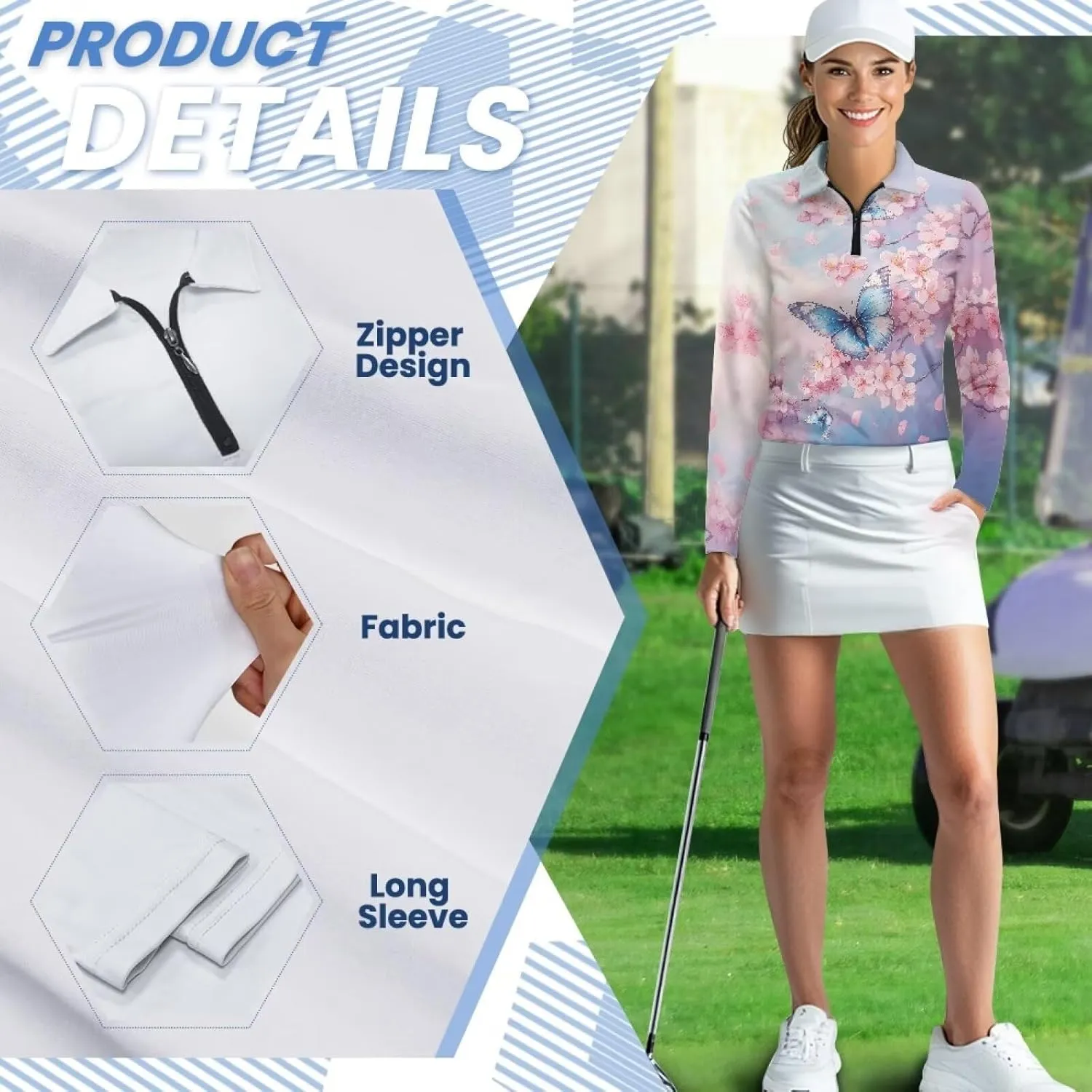 Suobstales Women's Long Sleeve Golf Polo Shirts Zip Up Pullover Workout Tops Athletic Tennis Shirt Plus Size XS-2XL