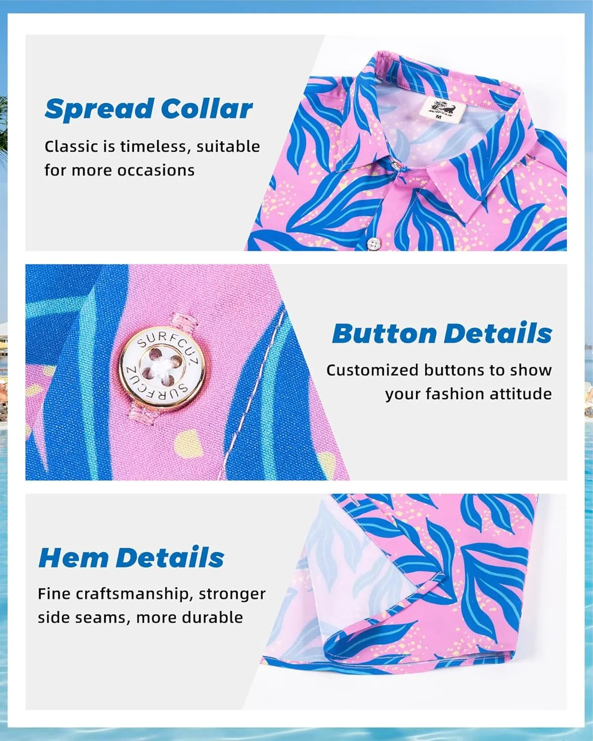 SURF CUZ Mens Casual Hawaiian Shirt Short Sleeve Stretch Button Down Quick Dry Beach Aloha Shirts