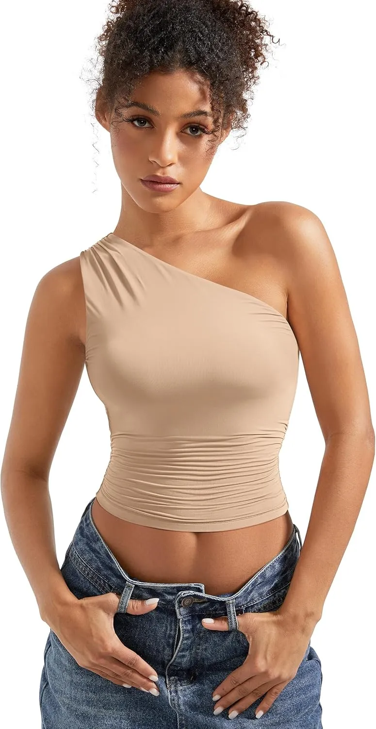 SUUKSESS Women Double Lined Going Out Trendy Crop Tops Ruched Sleeveless Shirts