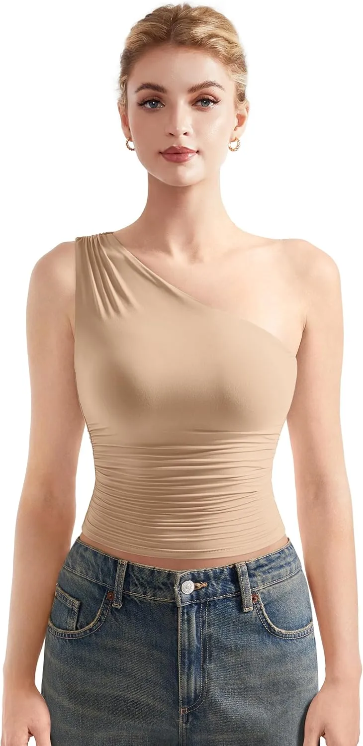 SUUKSESS Women Double Lined Going Out Trendy Crop Tops Ruched Sleeveless Shirts