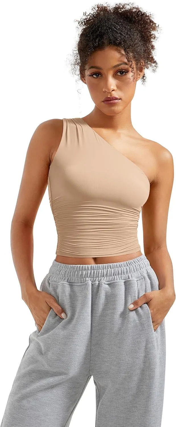SUUKSESS Women Double Lined Going Out Trendy Crop Tops Ruched Sleeveless Shirts