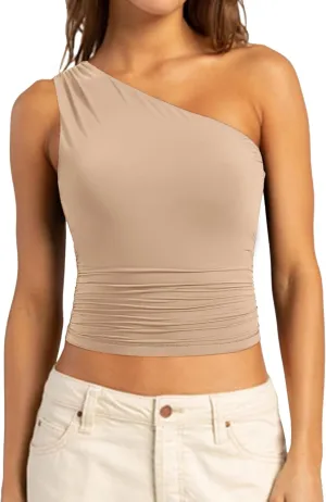 SUUKSESS Women Double Lined Going Out Trendy Crop Tops Ruched Sleeveless Shirts