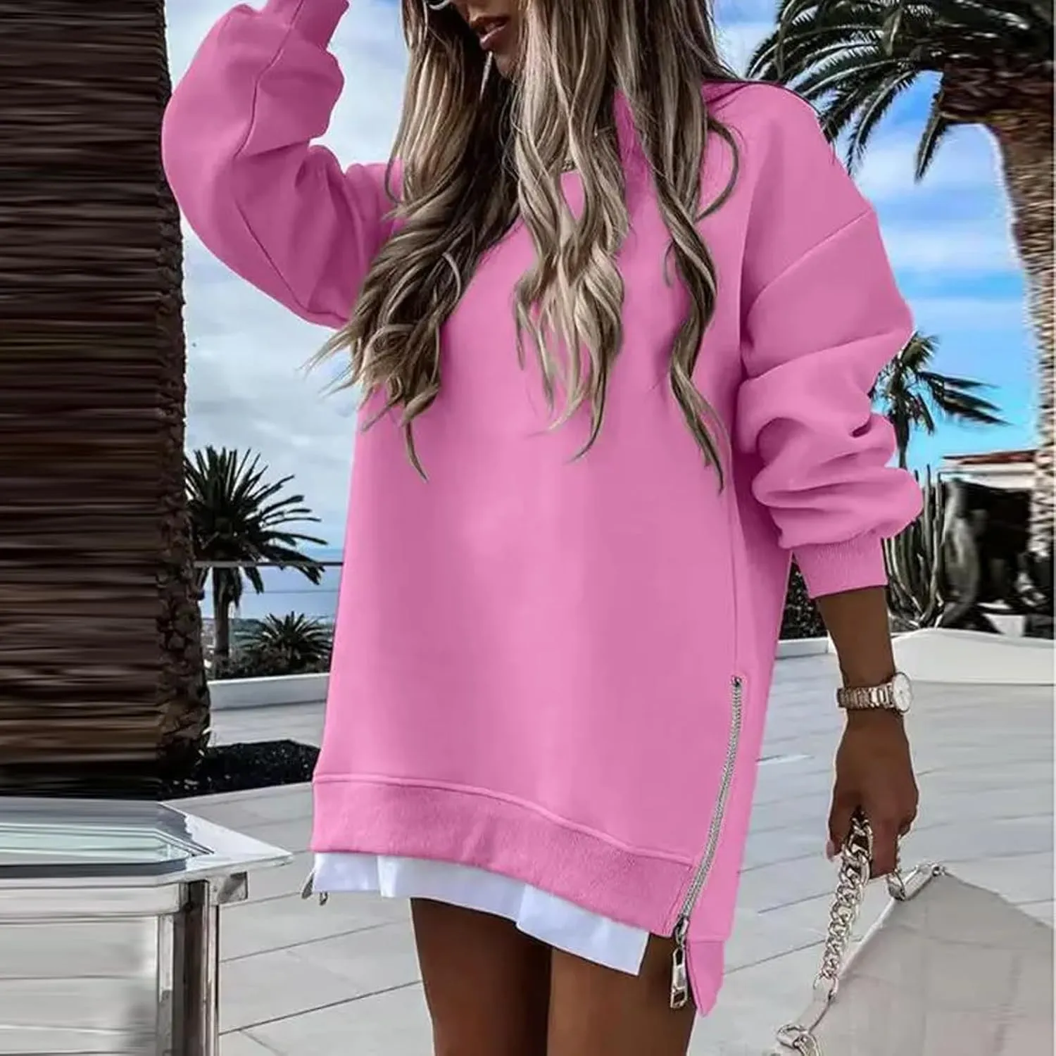 Sweatshirt for Women Oversized Side Slits Zipper Crewneck Sweatshirts Loose Comfy Off the Shoulder Tops Y2k Clothes
