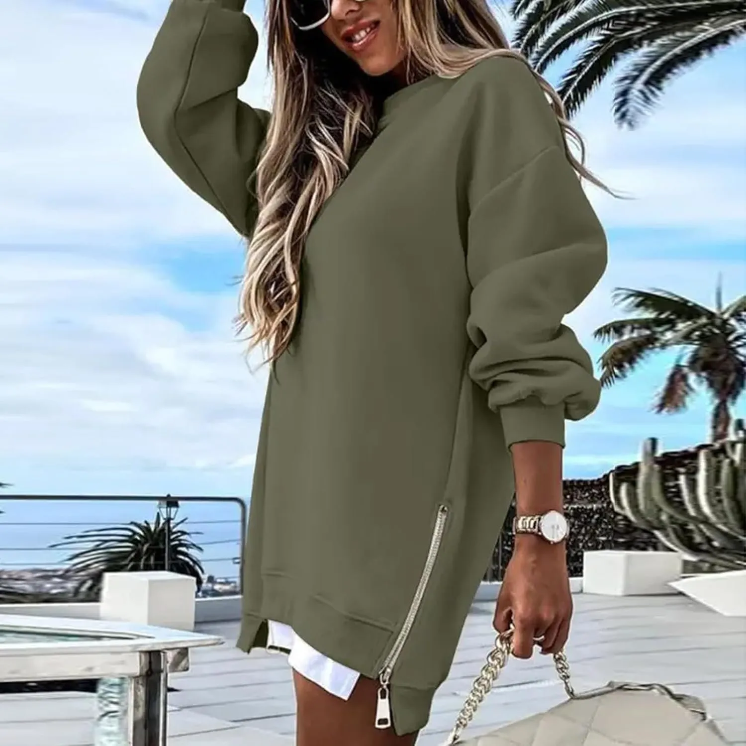 Sweatshirt for Women Oversized Side Slits Zipper Crewneck Sweatshirts Loose Comfy Off the Shoulder Tops Y2k Clothes