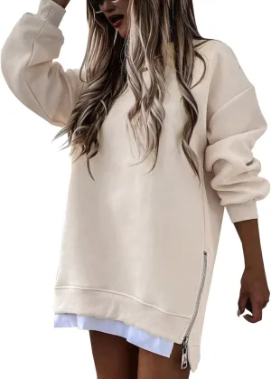 Sweatshirt for Women Oversized Side Slits Zipper Crewneck Sweatshirts Loose Comfy Off the Shoulder Tops Y2k Clothes