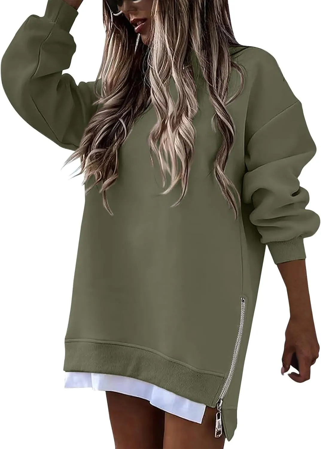 Sweatshirt for Women Oversized Side Slits Zipper Crewneck Sweatshirts Loose Comfy Off the Shoulder Tops Y2k Clothes