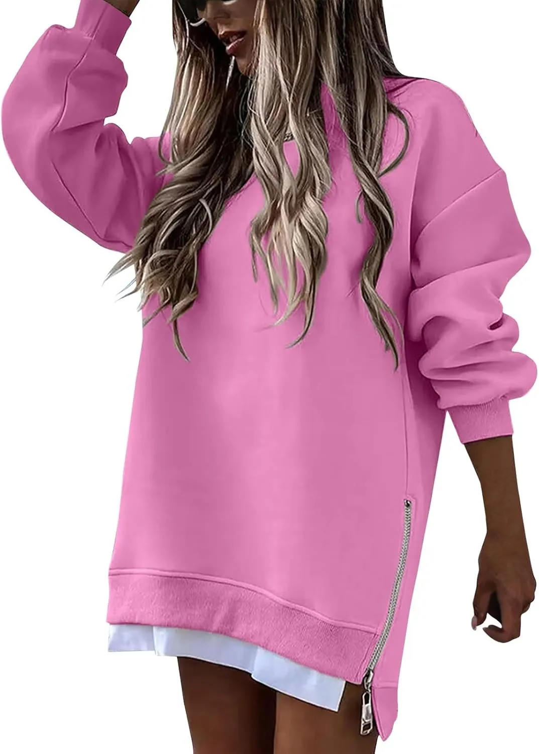 Sweatshirt for Women Oversized Side Slits Zipper Crewneck Sweatshirts Loose Comfy Off the Shoulder Tops Y2k Clothes