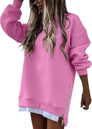 Sweatshirt for Women Oversized Side Slits Zipper Crewneck Sweatshirts Loose Comfy Off the Shoulder Tops Y2k Clothes