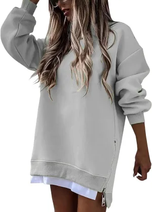 Sweatshirt for Women Oversized Side Slits Zipper Crewneck Sweatshirts Loose Comfy Off the Shoulder Tops Y2k Clothes