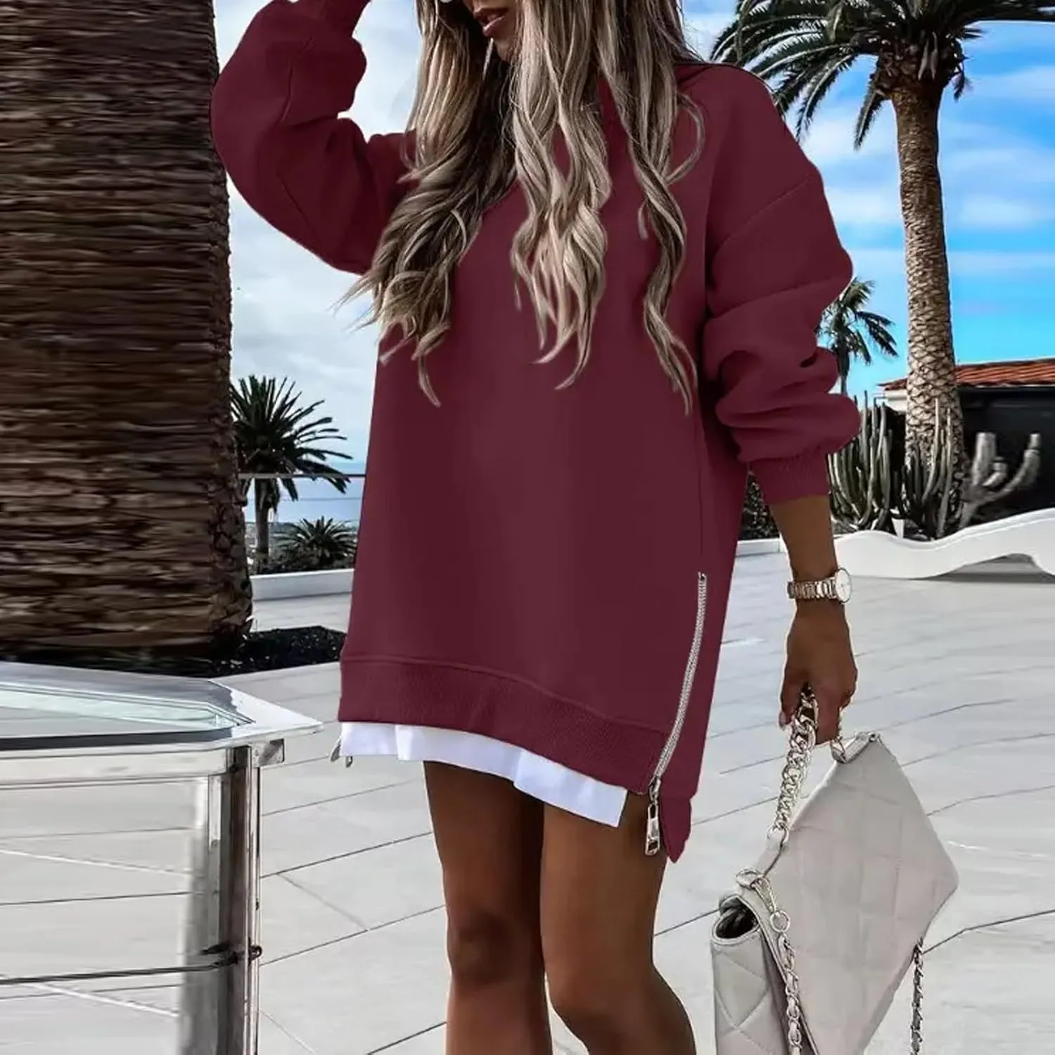 Sweatshirt for Women Oversized Side Slits Zipper Crewneck Sweatshirts Loose Comfy Off the Shoulder Tops Y2k Clothes